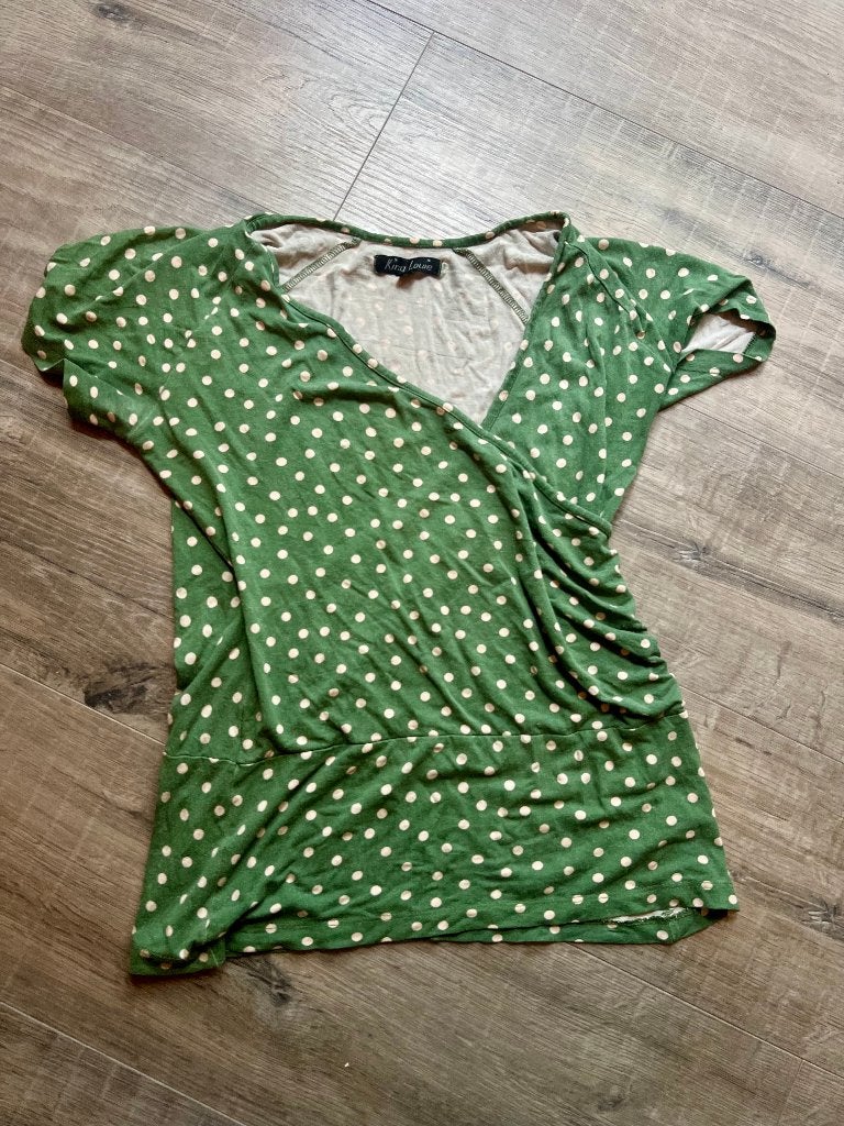 Polkadot King Louie dames shirt top S groen wit blouse boho, Maat 38/40 (M), Ophalen of Verzenden, Zo goed als nieuw, King Louie