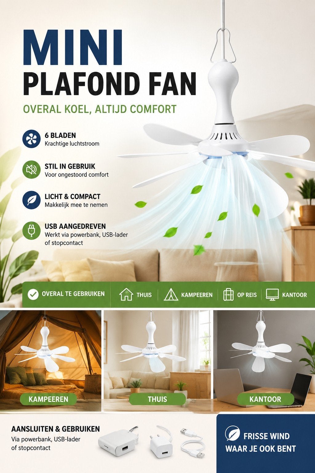 Mini Plafondventilator - Compact & Stil - USB Aangedreven, Witgoed en Apparatuur, Ventilatoren, Ophalen of Verzenden