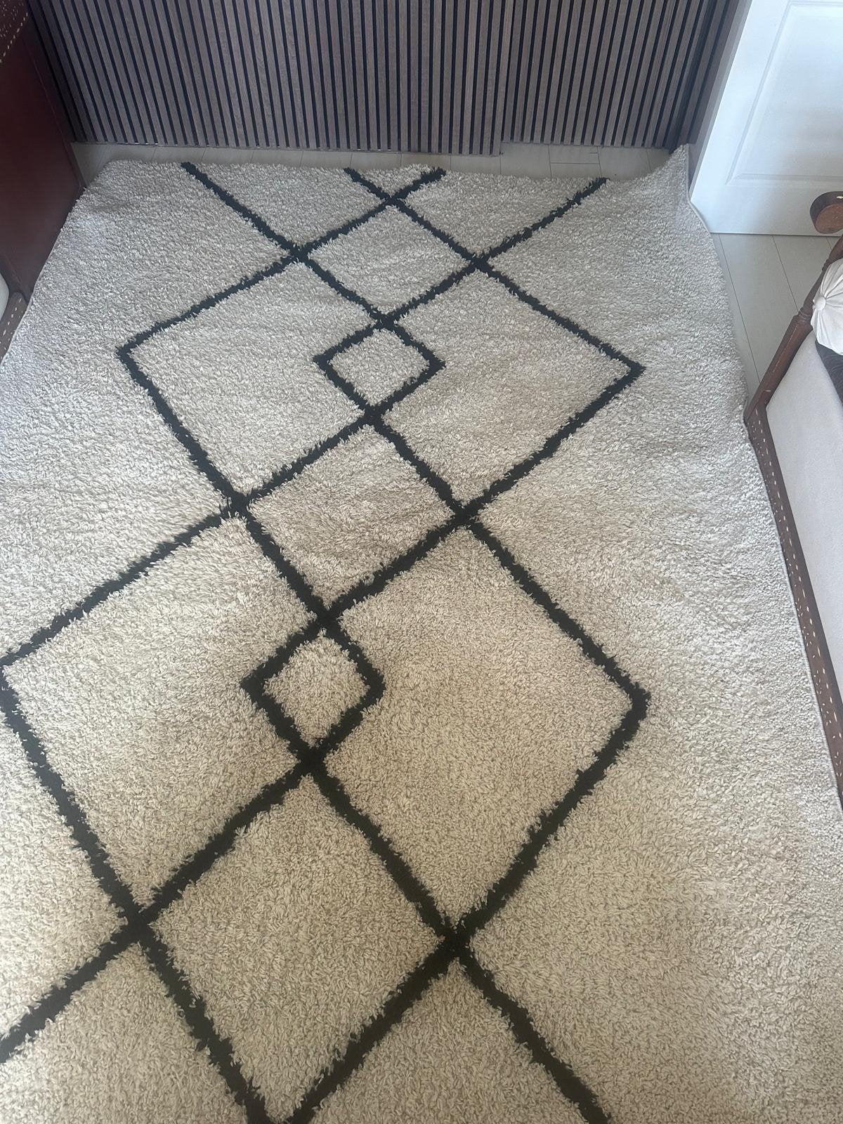 Crème tapijt met zwart geometrisch patroon in Berberstijl, Ophalen, Gebruikt, 200 cm of meer, 200 cm of meer