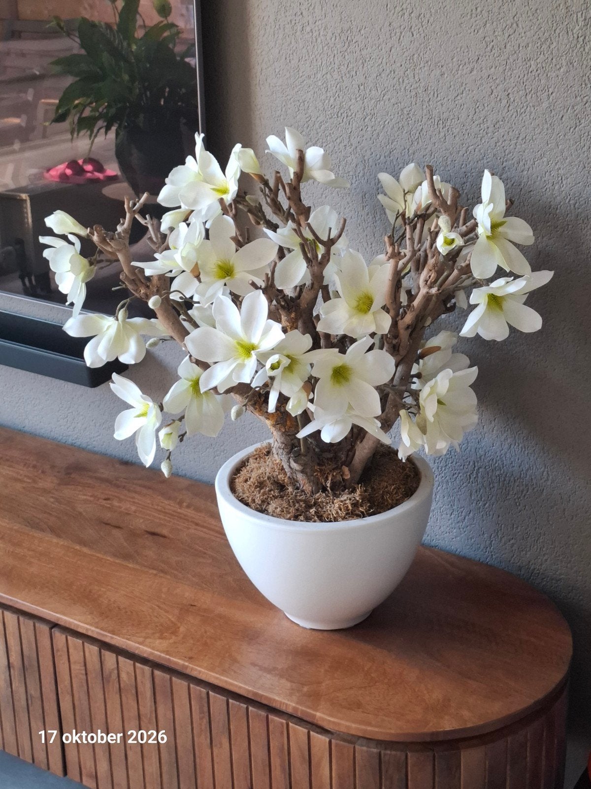 Prachtig kunst bloemstuk met witte bloesem, Binnen, Ophalen of Verzenden, Kunststof, Inclusief kunstbloemen