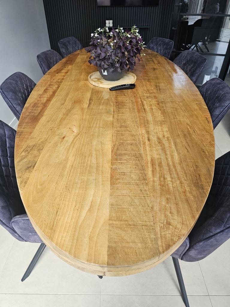 Eettafel mangohout ovaal 300 cm + 8 draaistoelen, Overige houtsoorten, Gebruikt, 100 tot 150 cm, Modern, Industrieel