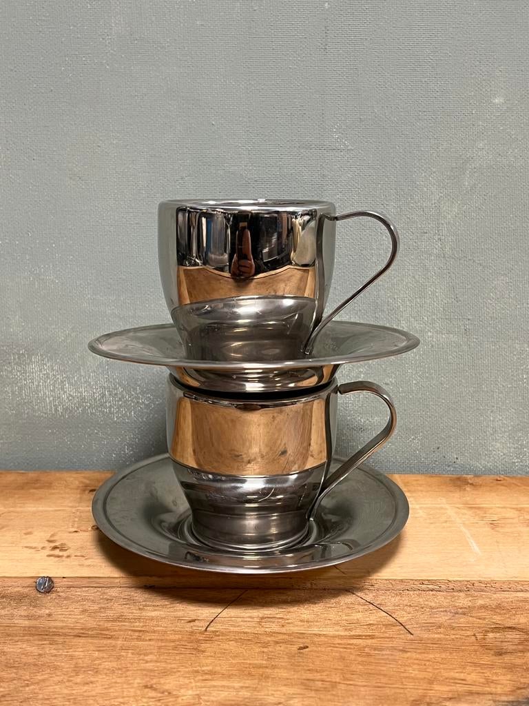 Vintage RVS espressokopjes dubbelwandig set/2, Overige materialen, Gebruikt, Ophalen of Verzenden, Overige stijlen
