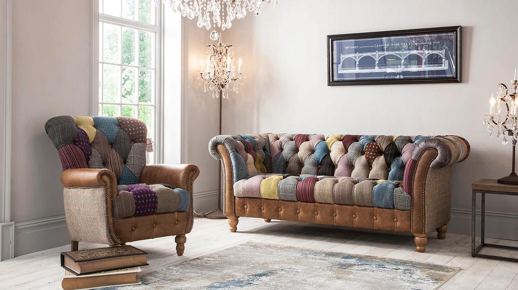 NIEUW: Chesterfield banken fauteuils Stof Harris Tweed leer, Ophalen of Verzenden, Nieuw, Rechte bank, Leer