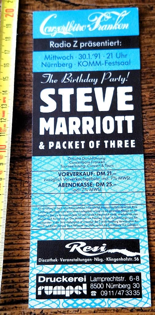 STEVE MARRIOTT (small faces/humble pie) TICKET 1991, Ophalen of Verzenden, Zo goed als nieuw, Foto of Kaart