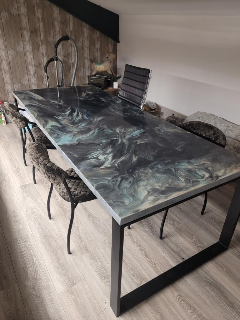Groene Epoxij tafel, Huis en Inrichting, Tafels | Eettafels, Zo goed als nieuw, Vijf personen of meer, Rechthoekig, Ophalen