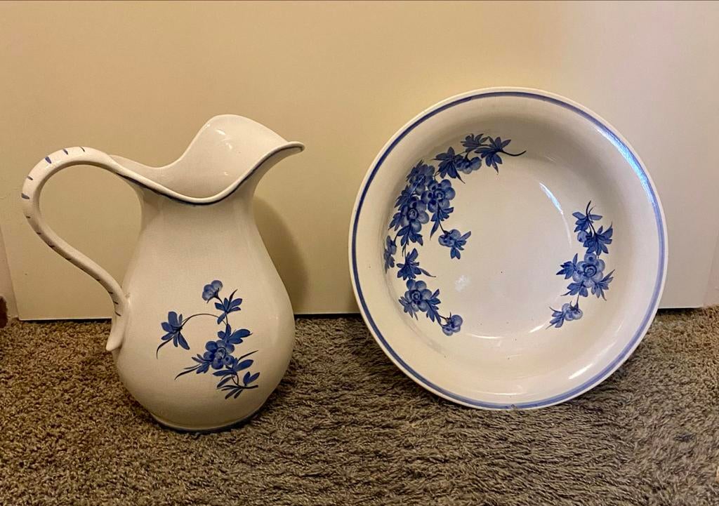 Vintage Waskom en Waterkan met Blauwe Bloemen / Lampetset, Ophalen of Verzenden