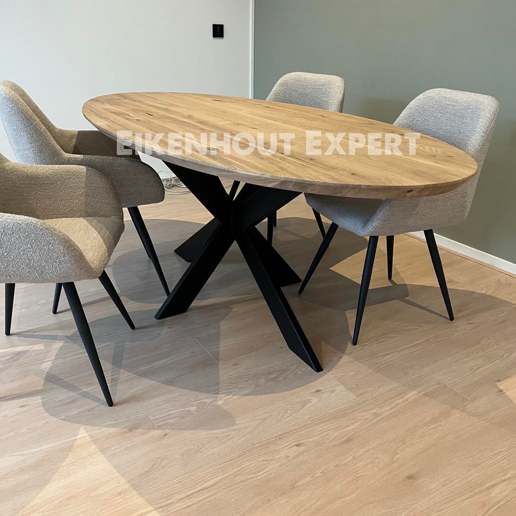 Ovale Ronde Eiken Tafel Eettafel Massief Eikenhout Spinpoot