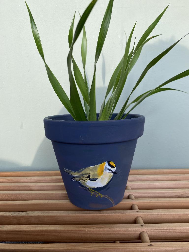 Handbeschilderde Bloempot Vogel Goudvink, Rond, Ophalen of Verzenden, Zo goed als nieuw, Aardewerk