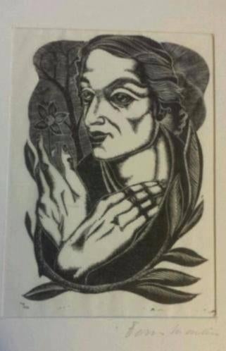gravure vrouw met gevouwen handen bloem Fons Montens., Antiek en Kunst, Kunst | Etsen en Gravures, Ophalen