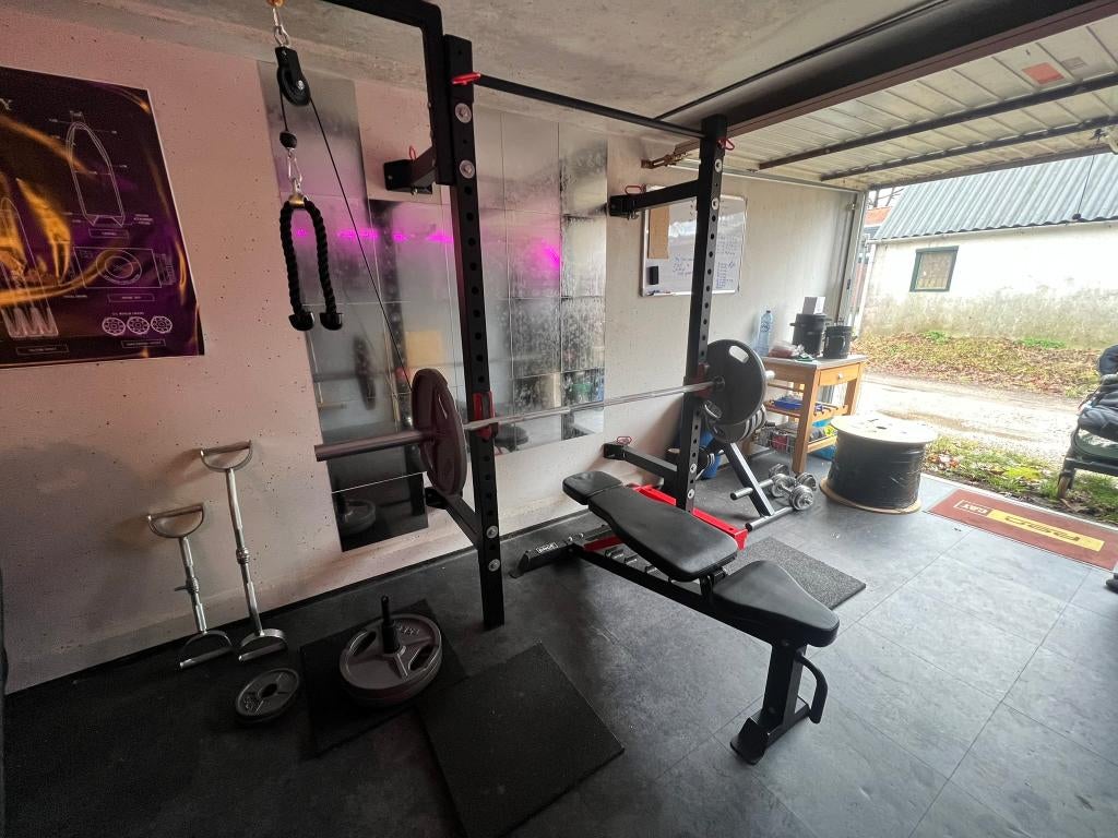 Squad rek, bench, Halterstang, plate set, Ophalen, Benen, Krachtstation, Zo goed als nieuw