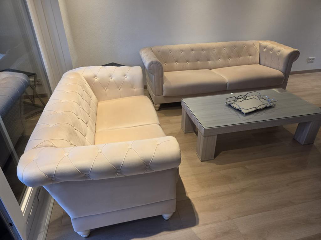 2 en 3 zits bankstel modern klassiek crem suede, Ophalen, Zo goed als nieuw, Stof, Modern klassiek