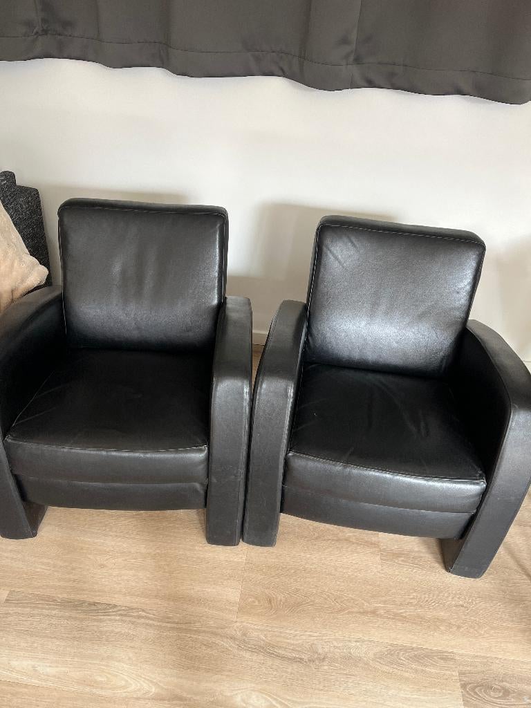 2 Zwarte leren fauteuils, Huis en Inrichting, Fauteuils, Ophalen, Gebruikt, 50 tot 75 cm, Leer