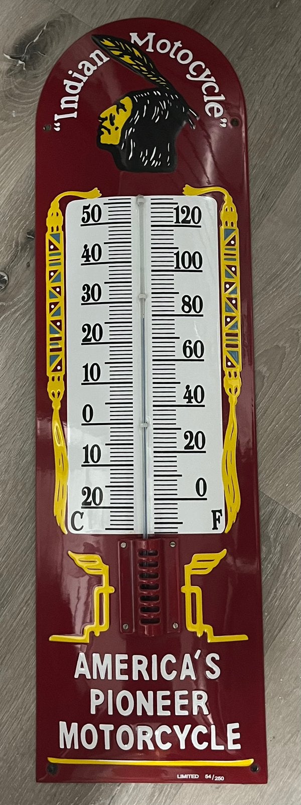 Emaille Indian Motorcycle Thermometer - Limited Edition, Verzamelen, Ophalen of Verzenden, Gebruikt, Reclamebord