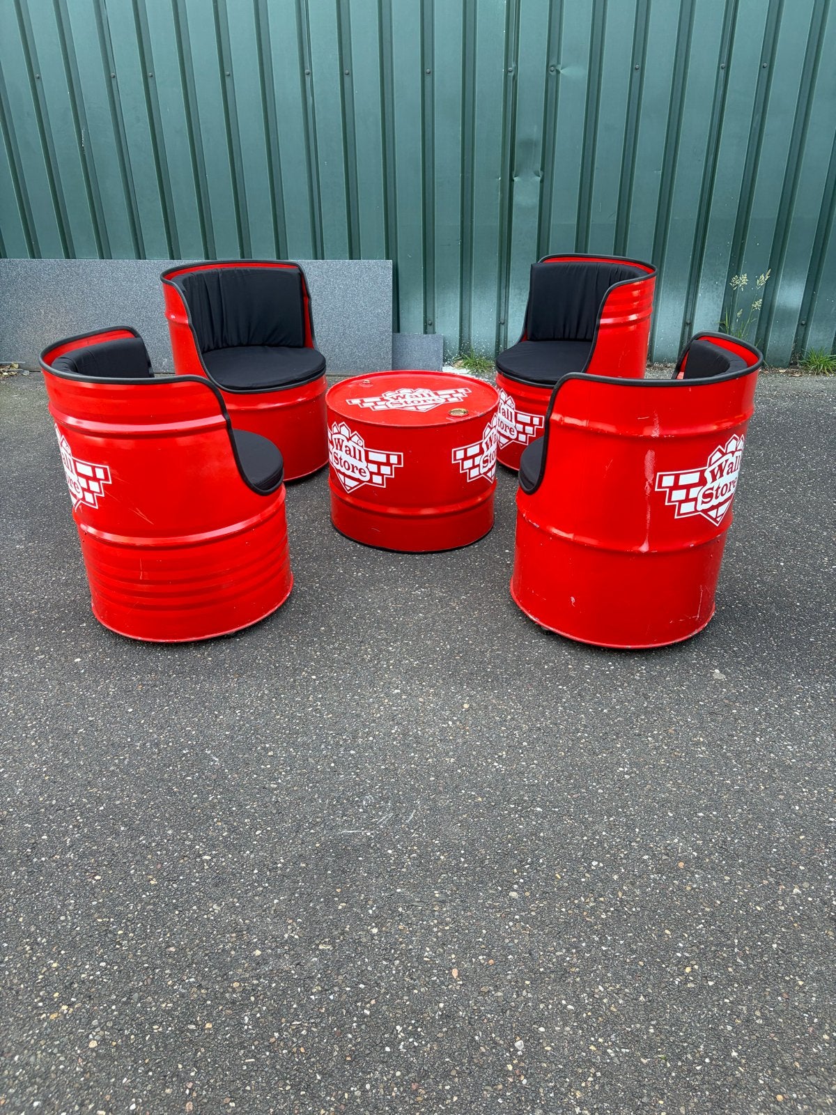 Unieke Loungeset van Olievaten - 4 Stoelen & Tafel, Tuin en Terras, Tuinsets en Loungesets, Ophalen, Gebruikt, Loungeset, Stoel