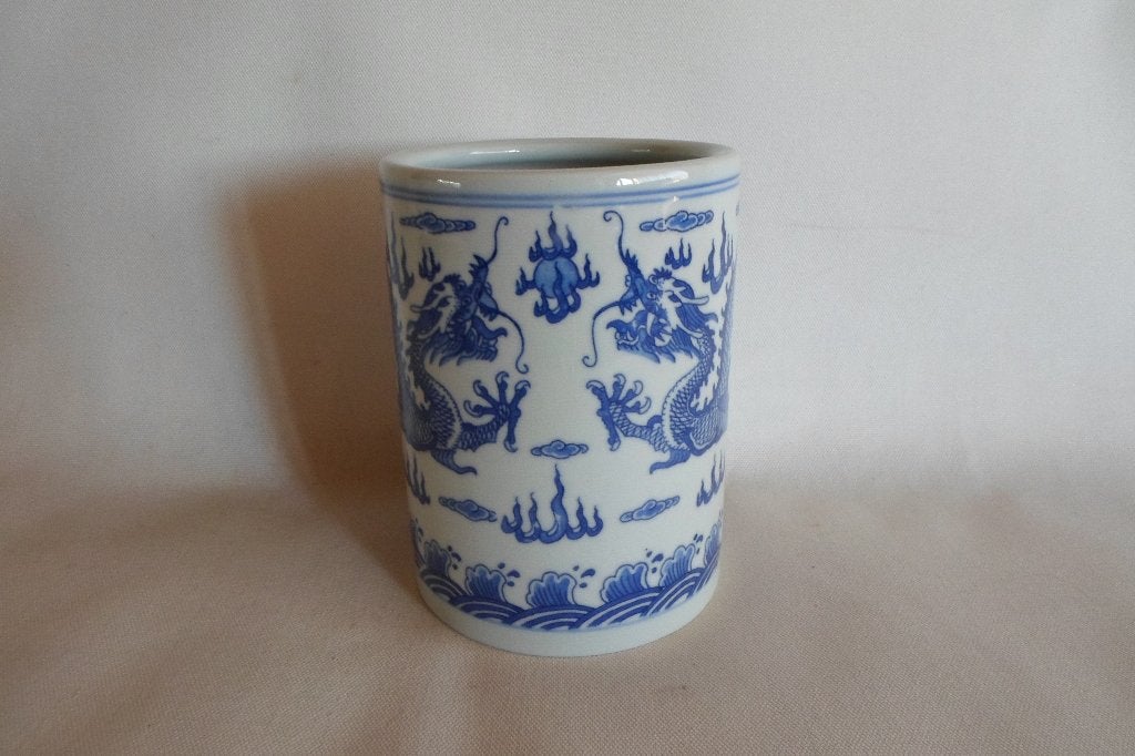 Chinese Pot Cilinder Draken Blauw Wit, Ophalen of Verzenden, 14 cm, China, Gemerkt