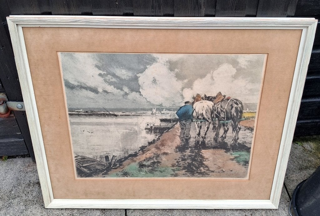 Ferdinand-Jean Luigini (1870-1943), werkpaarden op de dijk, Overige technieken, Dieren, Ophalen of Verzenden, Klassiek