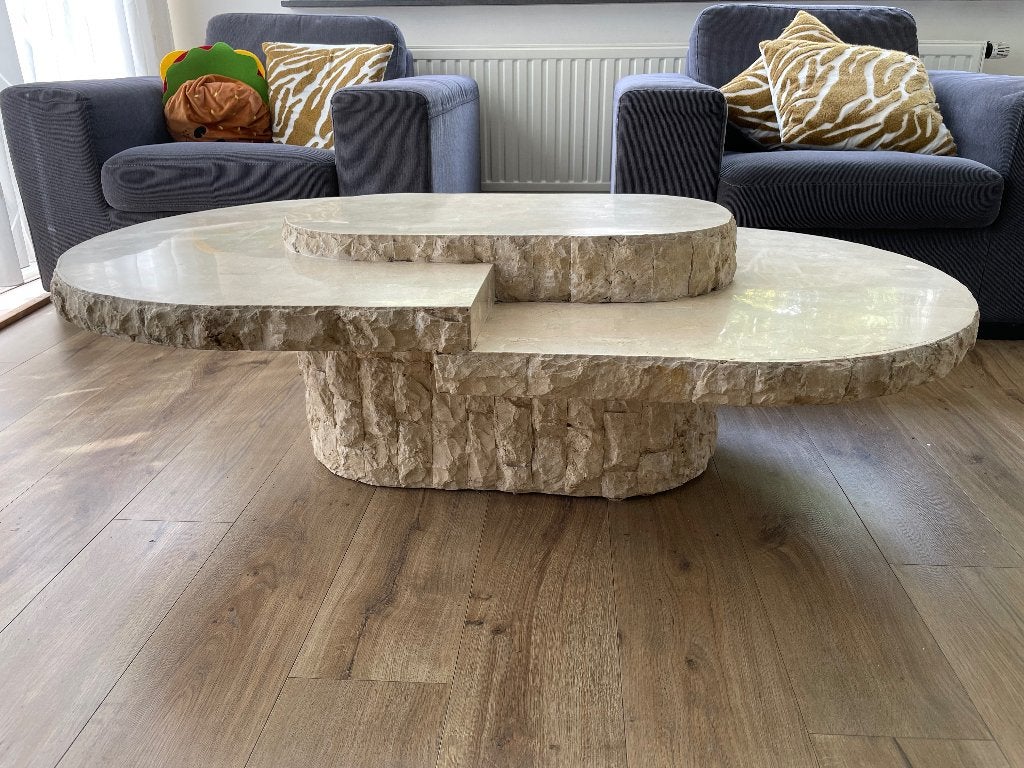 Salontafel bedekt met fossielsteen, Huis en Inrichting, Ophalen, Overige materialen, Gebruikt, 100 tot 150 cm