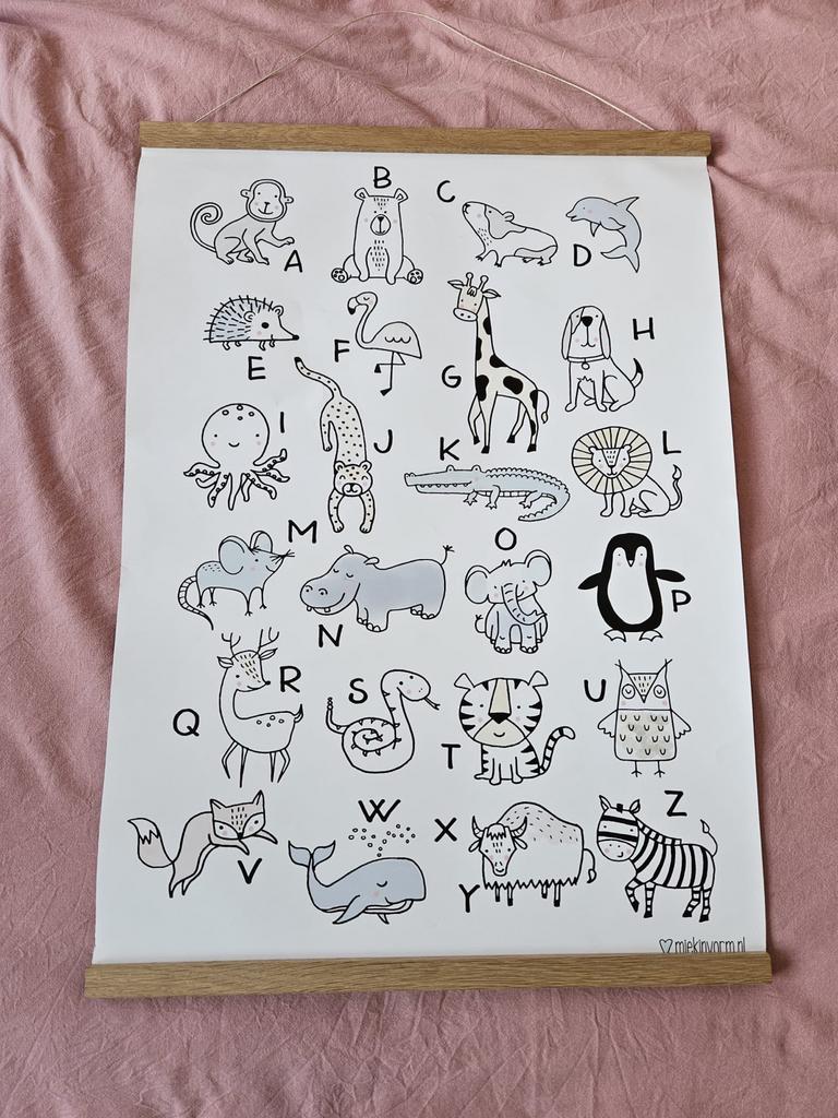 Dieren alfabet poster met houten ophangsysteem, Ophalen, Met lijst, A1 t/m A3, Dier of Natuur