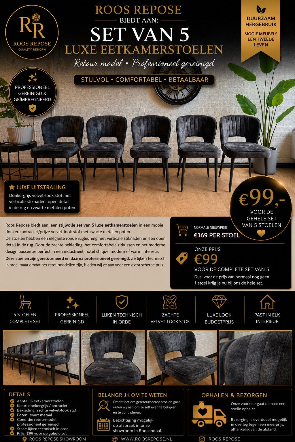 5x Luxe eetkamerstoelen – proffesioneel gereinigd