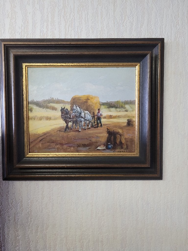 Olieverfschilderij van josef Suchomel - Paarden ,hooioogst, Ophalen of Verzenden