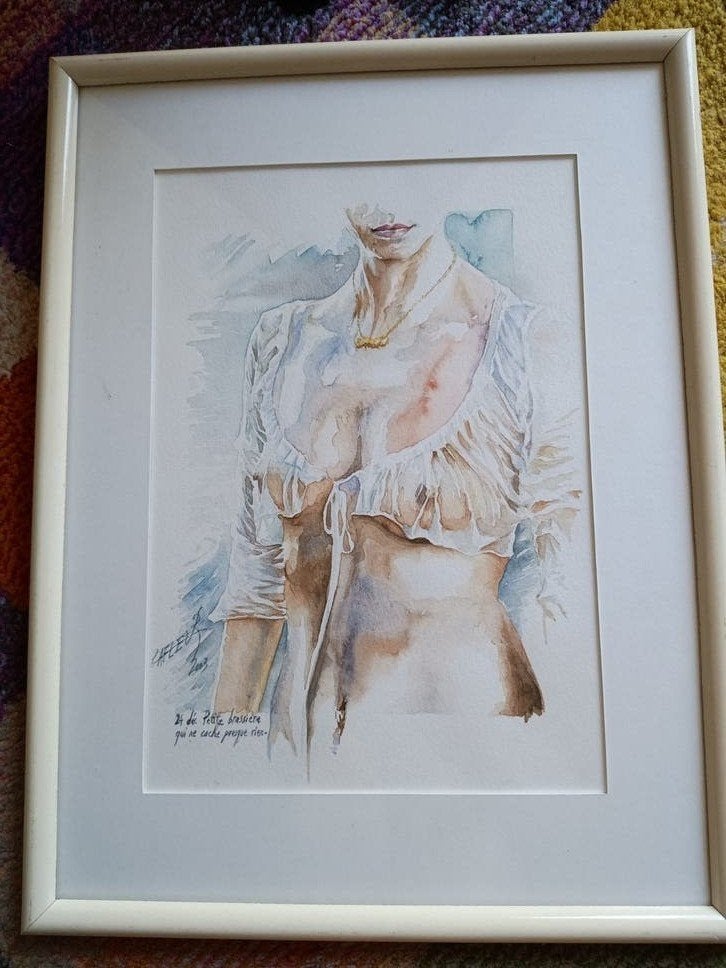 Aquarel van een vrouwelijk figuur, gesigneerd en ingelijst, Antiek en Kunst, Kunst | Tekeningen en Foto's, Ophalen of Verzenden