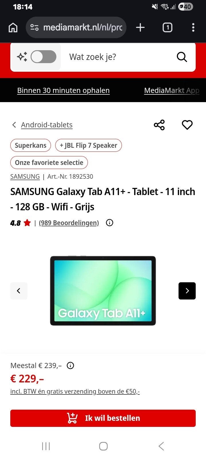 Samsung Galaxy Tab A11+ - 11 inch - 128 GB - Wifi - Grijs, Computers en Software, 11 inch, Ophalen of Verzenden, Zo goed als nieuw