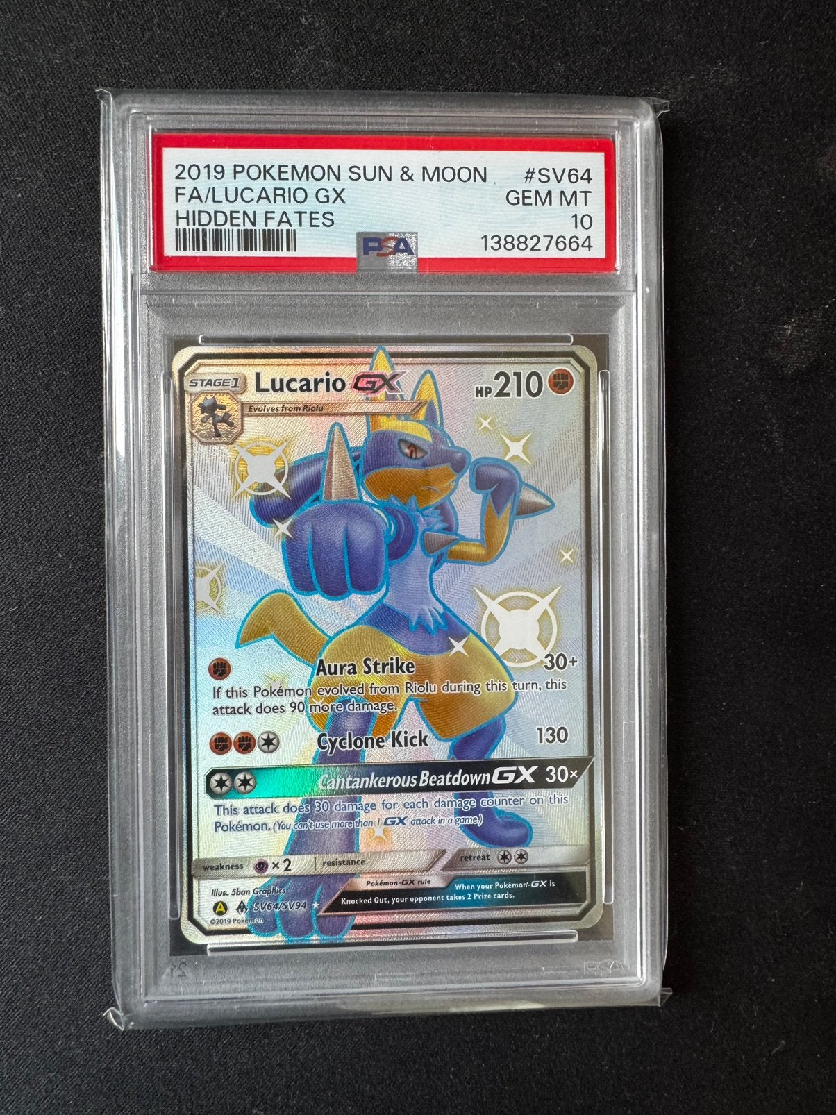 Lucario GX SV64 PSA10 Pokemon Hidden Fates, Ophalen of Verzenden, Zo goed als nieuw