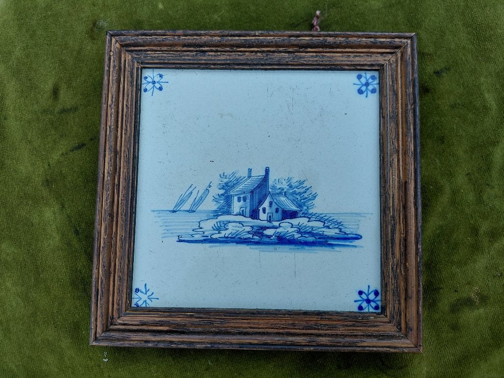 Delftsblauwe landschapstegel huisjes a/h water lxb=15x15 cm., Verzenden