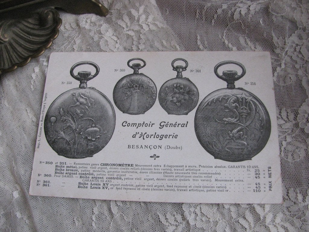 Antieke Franse Kaart met Zakhorloge Reclame / Art Nouveau, Verzenden, Gebruikt, Overige typen