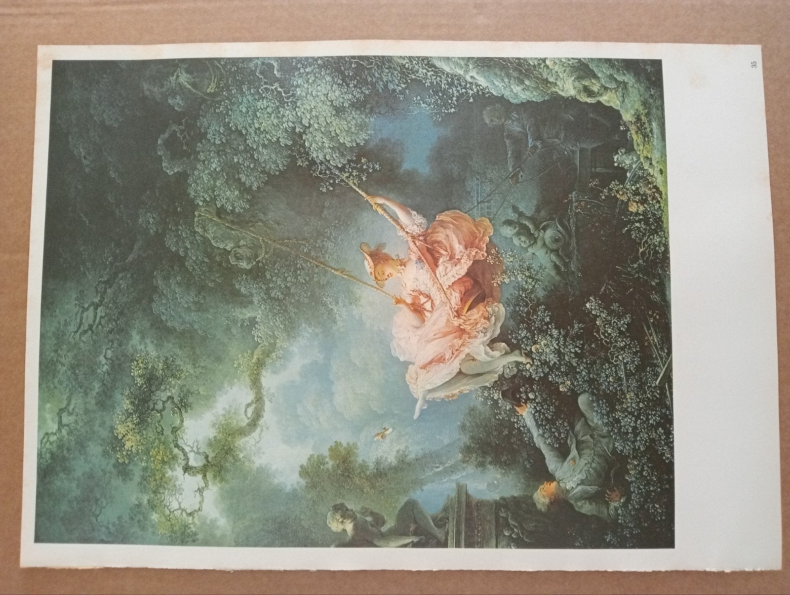 Print met Jonkvrouw op een schommel, Antiek en Kunst, Ophalen of Verzenden