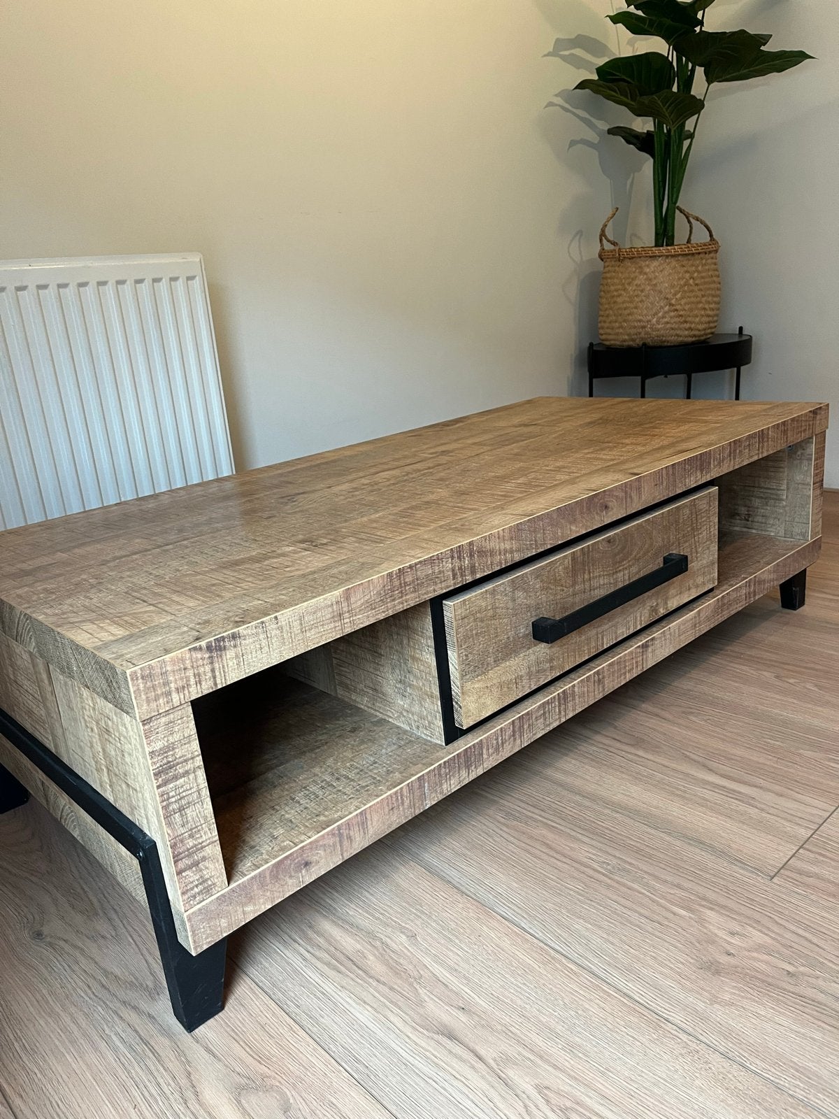 Houten salontafel 160 cm breed met lade, Ophalen, Gebruikt, Overige houtsoorten, 150 tot 200 cm