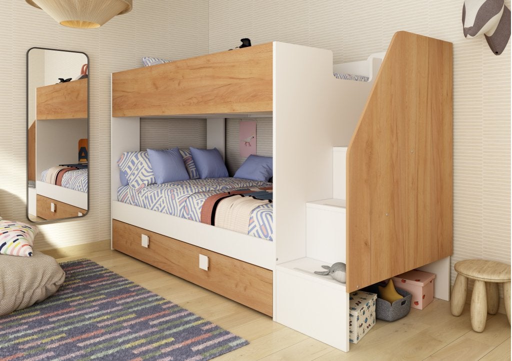 Easy stapelbed met slaaplade - 90x190/200 - Wit/eiken, Niet ingevuld, Niet ingevuld, Niet ingevuld