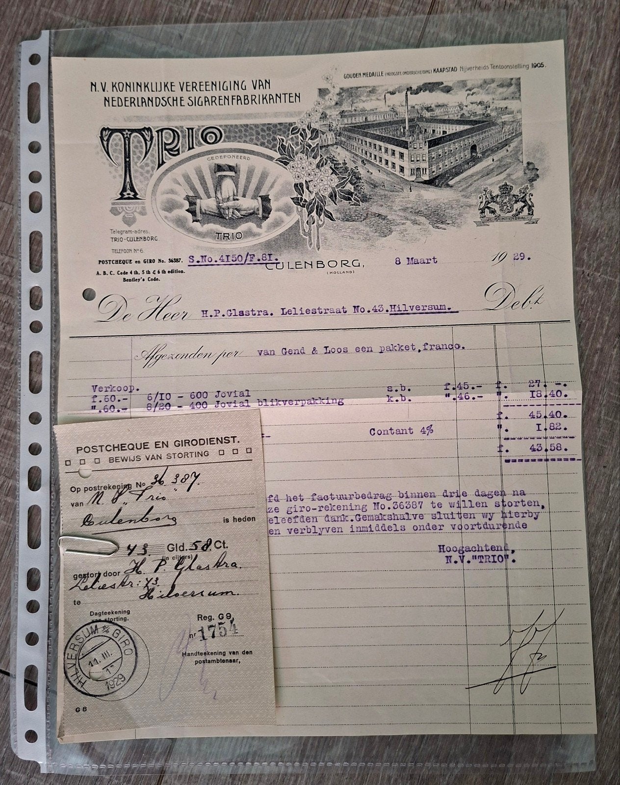 CULENBORG   ,,TRIO"                         Nota  Anno 1929, Ophalen of Verzenden, Brief