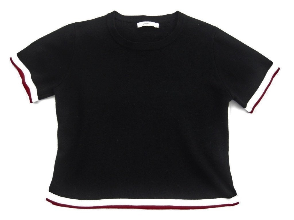 Zara knit top, zwart met wit en rood randje, mt 40 L, Maat 38/40 (M), Ophalen of Verzenden, Zo goed als nieuw, Korte mouw