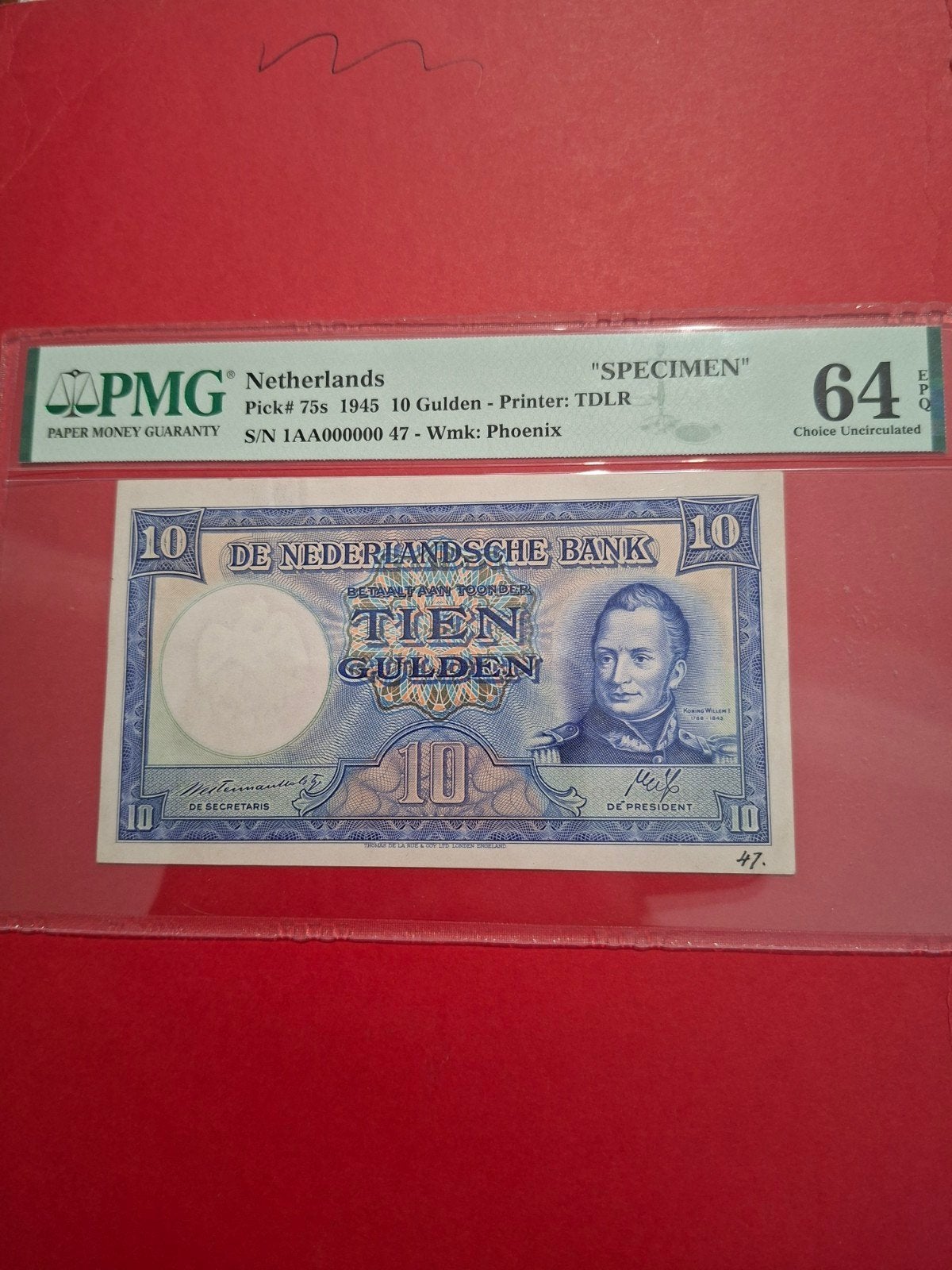 10 gulden Koning willem I SPECIMEN uit 1945 UNC gekeurd PGM, Postzegels en Munten, Bankbiljetten | Nederland, Ophalen of Verzenden