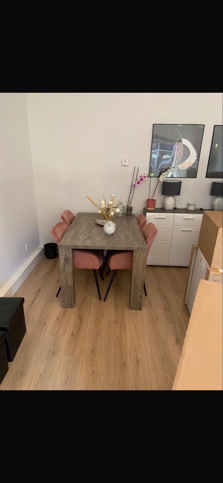 Mooie eetkamertafel met 4 fijne stoelen, Ophalen, Gebruikt, 100 tot 150 cm, 50 tot 100 cm