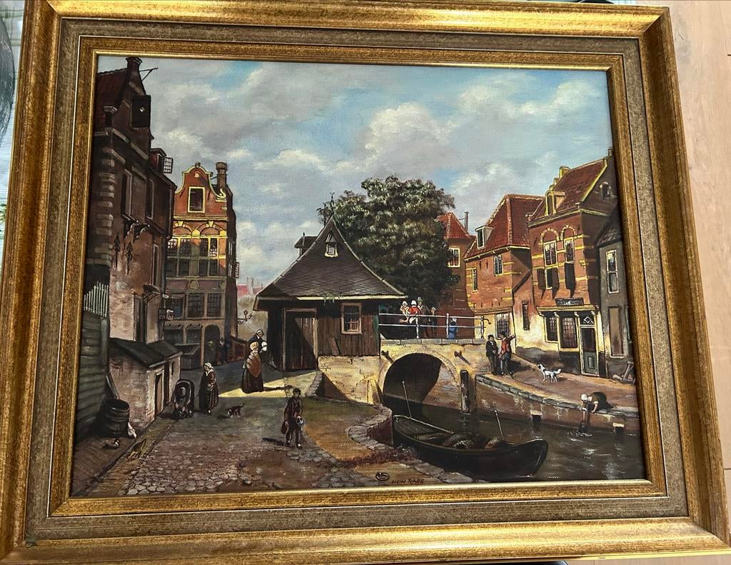 Olieverf Schilderij Stadsgezicht door Hein J. Rabe (1992), Antiek en Kunst, Kunst | Schilderijen | Klassiek, Ophalen of Verzenden
