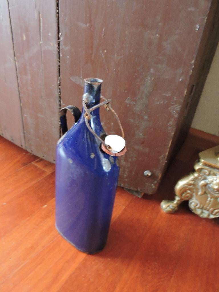 Oud brocant donkerblauw emaille veldfles kruis fles dop, Ophalen of Verzenden