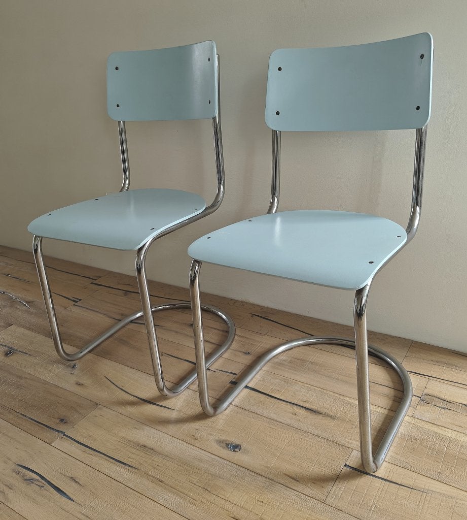 Set van 2 orginele vintage buisframe stoelen - lichtblauw, Ophalen, Gebruikt, Twee, Blauw