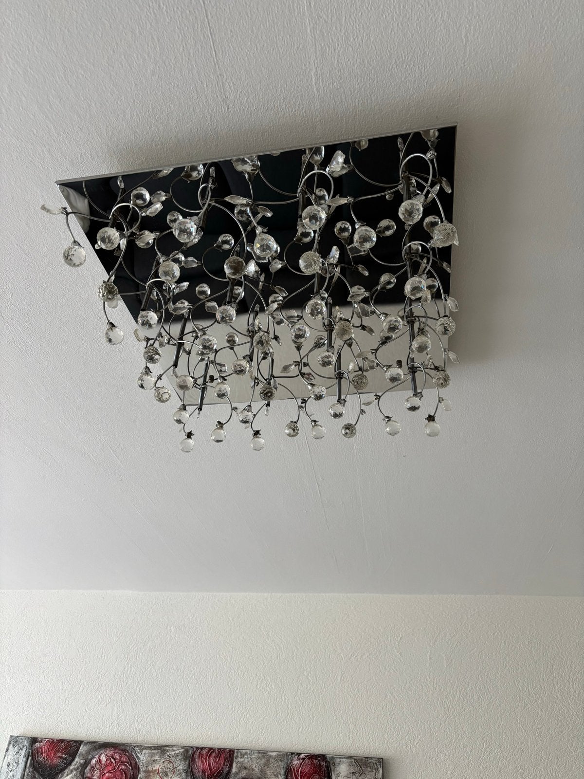 Moderne plafondlamp met kristallen druppels, Huis en Inrichting, Ophalen of Verzenden, Zo goed als nieuw, Glas, Overige fittingen