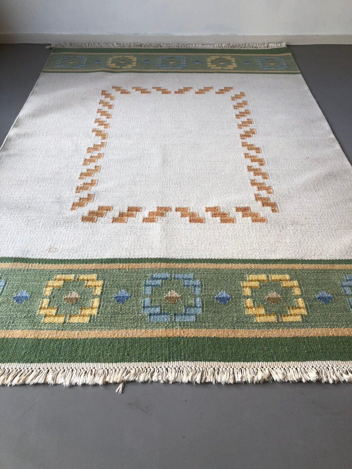 Vintage Zweedse wollen rollakan vloerkleed groen creme, Vintage Scamdinavisch design, 100 tot 150 cm, Geen, Ophalen of Verzenden