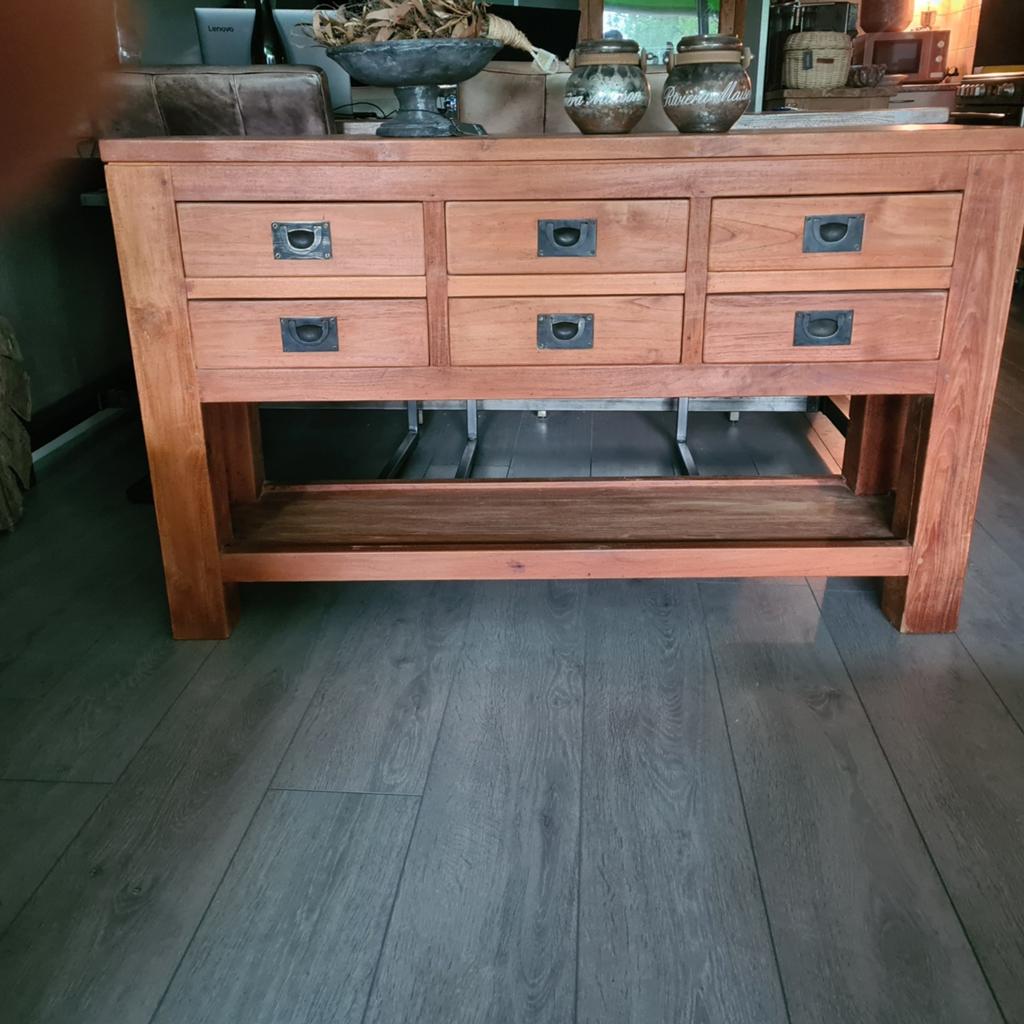 Sidetable teakhout met lades; 125x35x75, Ophalen, 100 tot 150 cm, Teakhout, Landelijk