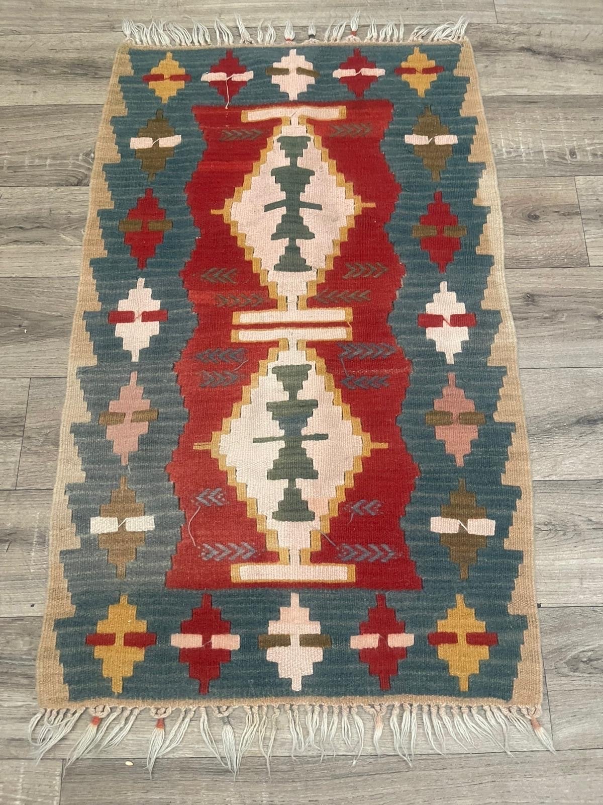 Handgeknoopt Kelim Tapijt - 66x120cm - Dubbelzijdig, Gebruikt, 100 tot 150 cm, Rechthoekig, Rood