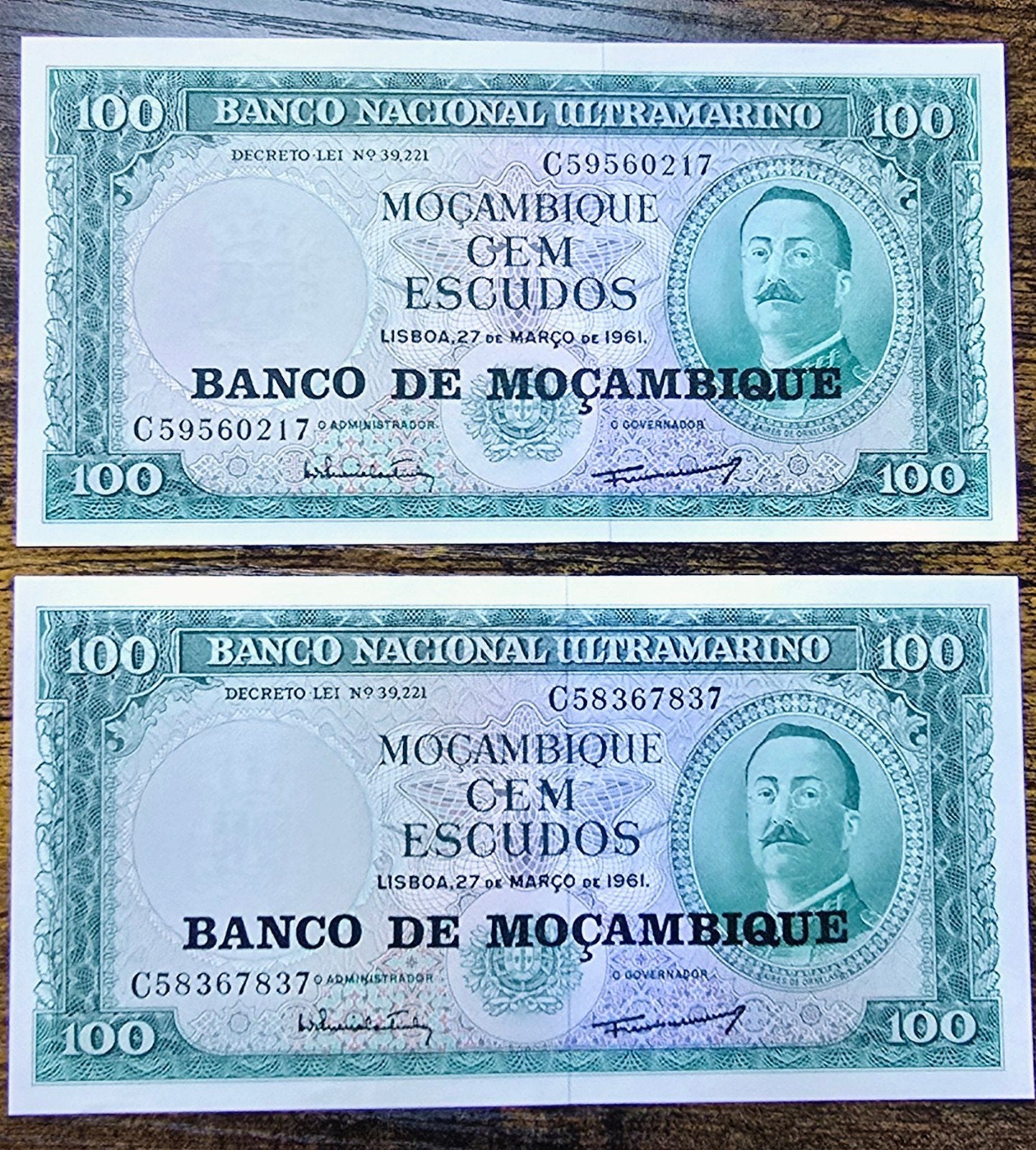 2x 100 Escudos Mozambique 1961 - Banco Nacional Ultramarino, Ophalen of Verzenden