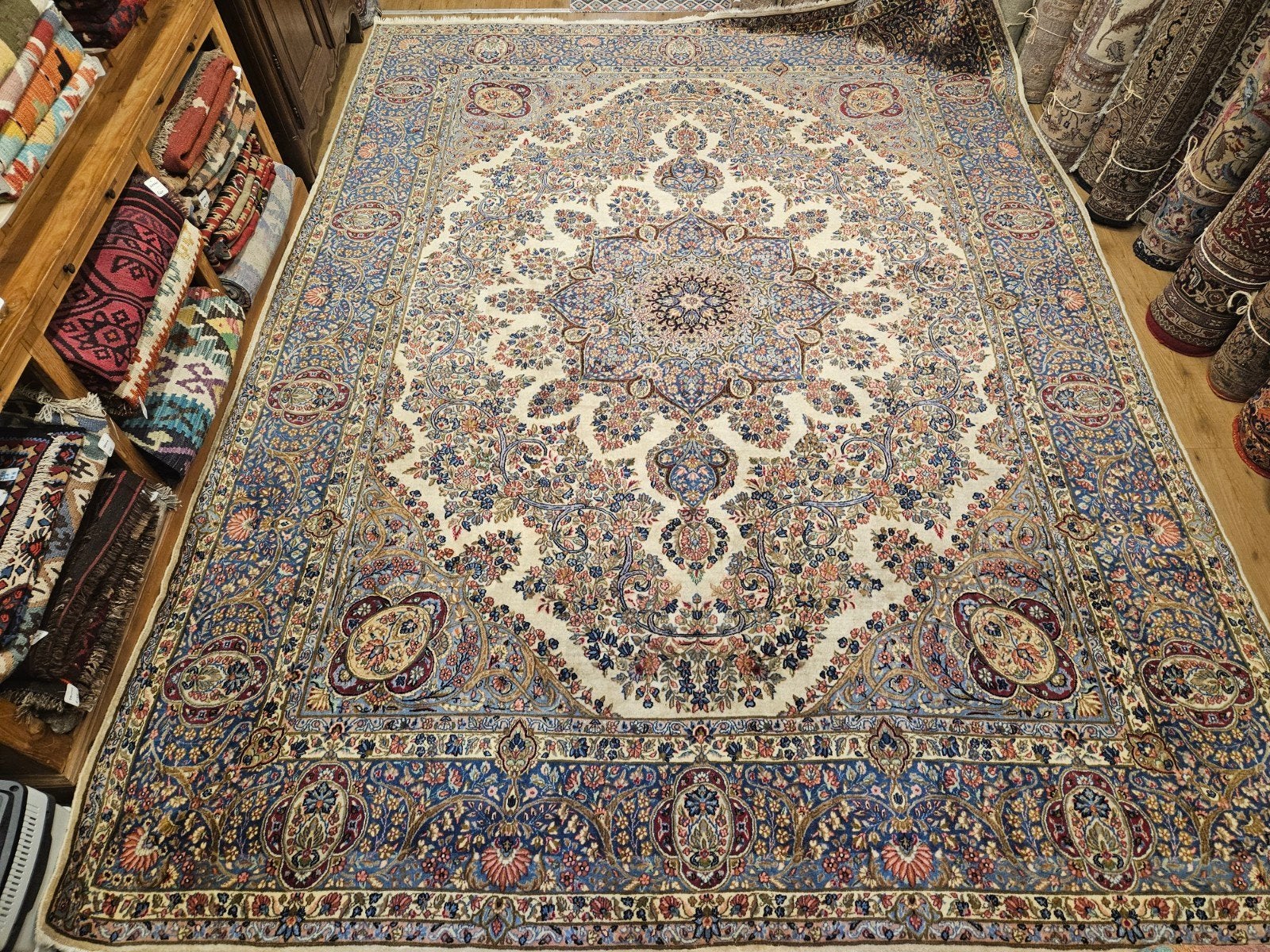Vintage handgeknoopt perzisch tapijt kirman 400x293, Tweedehands, Perzisch, 200 cm of meer, Ophalen of Verzenden