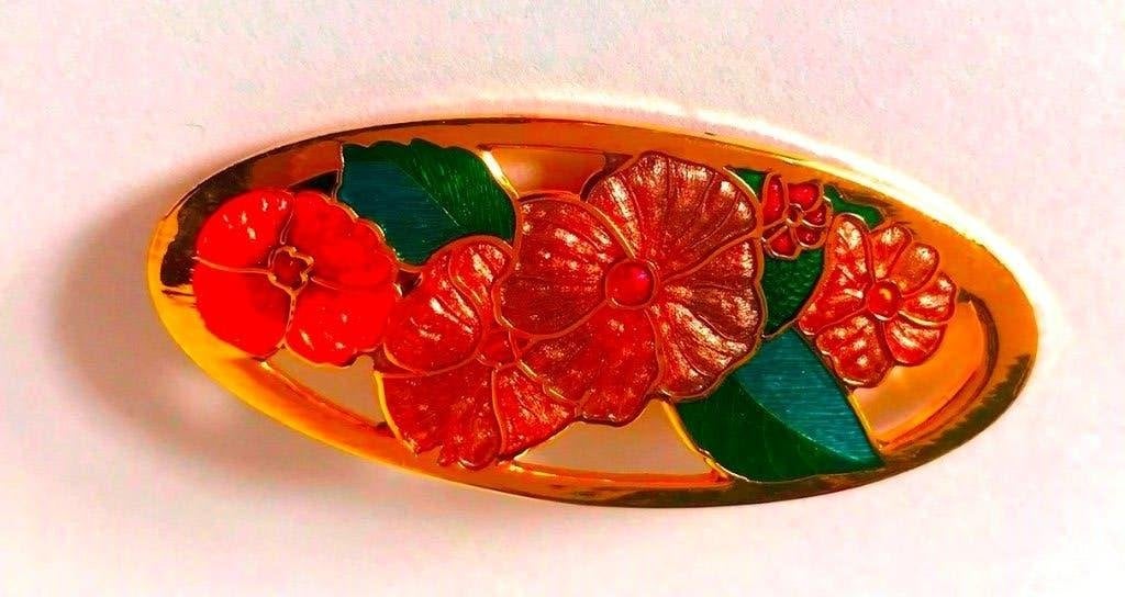 Vintage mooie grote cloisonné bloem broche Gesigneerd, Verzenden, Zo goed als nieuw, Overige materialen