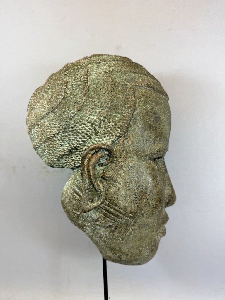 261087 Oud Afrikaans Bronzen Oba masker - Benin - Nigeria., Ophalen of Verzenden