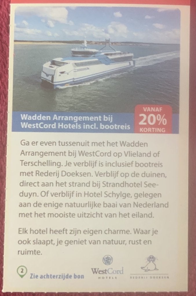 Wadden Arrangement WestCord Hotels met bootreis Voordeelbon, Drie personen of meer, Kortingsbon, Arrangement, Overige typen