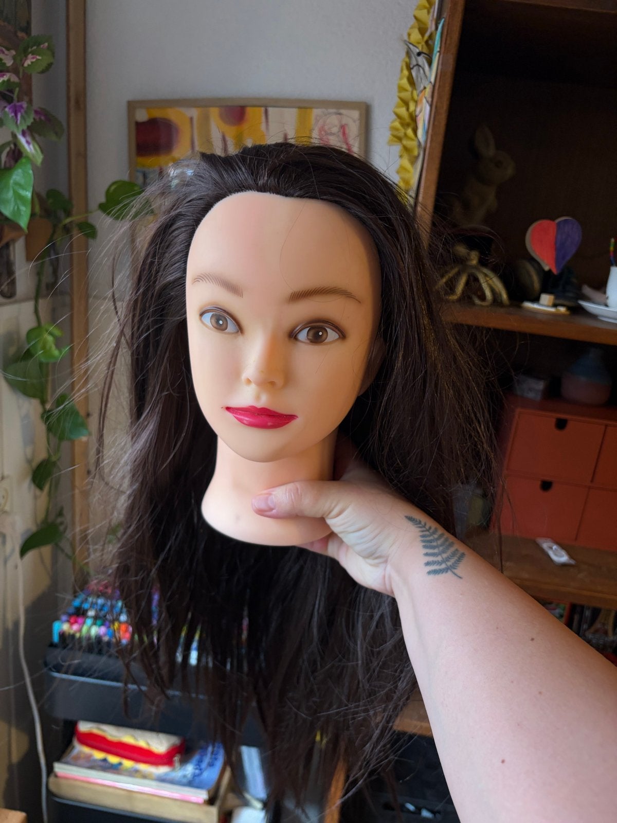 Oefenhoofd met lang bruin haar 50-60cm  (synthetisch), Ophalen of Verzenden, Zo goed als nieuw, Persoonlijke verzorging