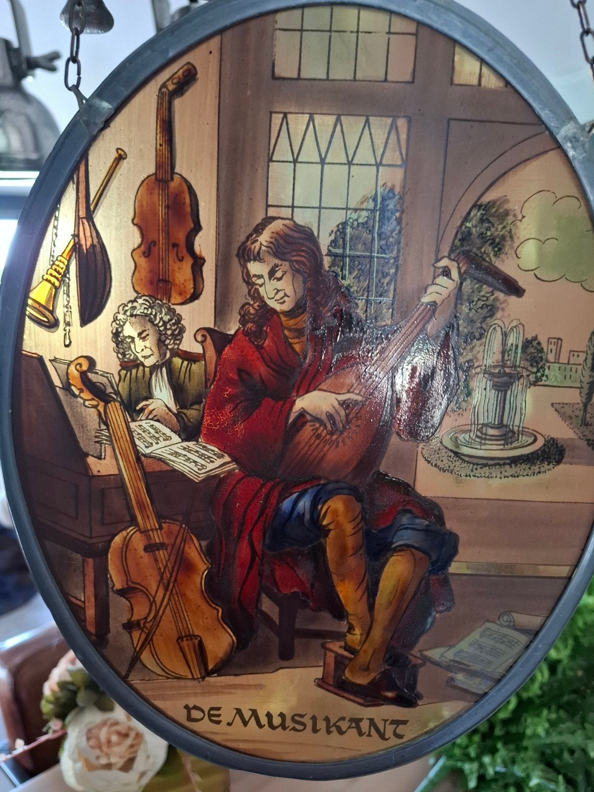 Antiek glas-in-lood raam 'De Muzikant', Ophalen